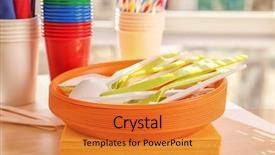  Presentation with picnic - Slide set having paper plate - colorful plastic ware for picnic background and a gold colored foreground
