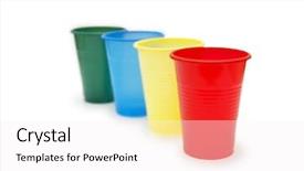  Presentation with plastic - Audience pleasing slide deck consisting of paper plate - four colourful plastic throwaway cups backdrop and a white colored foreground