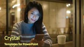  Presentation with coffee shop - Slides enhanced with paper reply - woman using cellphone and sitting background and a  colored foreground