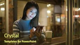  Presentation with coffee shop - Cool new PPT layouts with paper reply - woman using cellphone at coffee backdrop and a  colored foreground