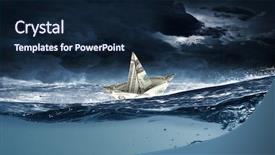  Presentation with water ship - Beautiful presentation theme featuring paper ship floating on water backdrop and a navy blue colored foreground