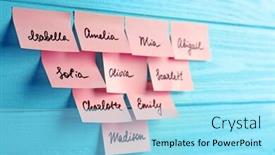  Presentation with name - Amazing PPT theme having paper stickers with different names backdrop and a arctic colored foreground