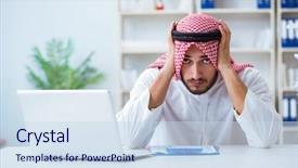  Presentation with arab - PPT theme featuring paper works - arab businessman working background and a sky blue colored foreground