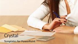  Presentation with retirement calculator - Beautiful PPT layouts featuring paper works - young woman using a calculator backdrop and a coral colored foreground