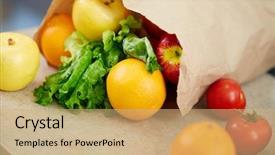  Presentation with frame of fruits and vegetables - PPT layouts featuring paperbag with fruits and vegetables background and a  colored foreground