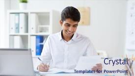  Presentation with audit - Beautiful slide deck featuring papers and laptop computer backdrop and a sky blue colored foreground