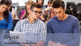  Presentation with lecture hall - Audience pleasing presentation theme consisting of papers in lecture hall taking backdrop and a light blue colored foreground