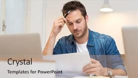  Presentation with cost saving report - Slide deck enhanced with paperwork - serious young businessman looking report background and a mint green colored foreground