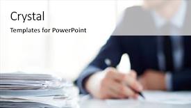  Presentation with stack - Slide set having paperwork - stack of documents at workplace background and a white colored foreground