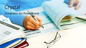  Presentation with accounting - PPT theme consisting of paperwork acounting - hands of accountant in office background and a  colored foreground