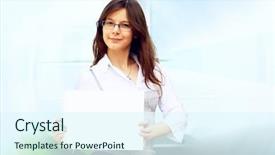  Presentation with business proposal blue - Presentation theme featuring papir - happiness business woman on blured background and a sky blue colored foreground