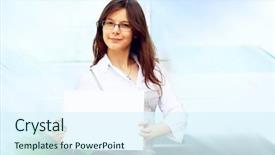  Presentation with blue business proposal - Slides consisting of papir - happiness business woman on blured background and a sky blue colored foreground