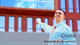  Presentation with blue business proposal - Theme consisting of papir - happiness businessman on blur business background and a  colored foreground