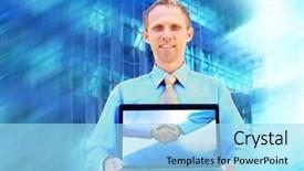  Presentation with blue green future tech business - Amazing presentation theme having papir - happiness businessman on blur business backdrop and a  colored foreground