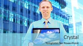  Presentation with happiness - Presentation design having papir - happiness businessman on blur business background and a  colored foreground