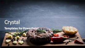  Presentation with burger - Presentation theme consisting of homeemade beef burger cutlet with herbs and spices on wooden cooking board space for text background and a seafoam green colored foreground