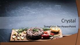  Presentation with burger - PPT layouts enhanced with homeemade beef burger cutlet with herbs and spices on wooden cooking board space for text background and a light blue colored foreground