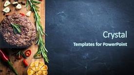  Presentation with burger - Slide deck with homeemade beef burger cutlet with herbs and spices on wooden cooking board space for text background and a ocean colored foreground