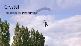  Presentation with parachute - Slide deck consisting of military freefall parachute - parachutist narrowly missing some tree's background and a light blue colored foreground