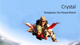  Presentation with full length portrait two men women brown sweater - Slide set having parachute - portrait of two tandem skydivers background and a light blue colored foreground