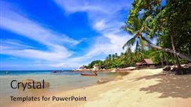  Presentation with tropical beach party - Slide deck having paradise island relaxing getaway - exotic tropical beach thailand background and a  colored foreground