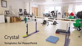  Presentation with paediatric physiotherapy - Presentation theme consisting of parallel - equipment in empty physiotherapy department background and a soft green colored foreground