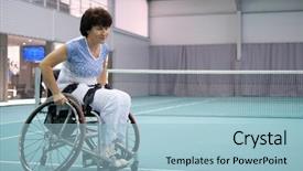  Presentation with paralympics - Audience pleasing PPT theme consisting of paralympics - disabled mature woman on wheelchair backdrop and a light blue colored foreground