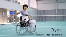  Presentation with paralympics - Amazing slide deck having paralympics - disabled mature woman on wheelchair backdrop and a light blue colored foreground