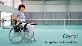  Presentation with paralympics - PPT theme featuring paralympics - disabled mature woman on wheelchair background and a light blue colored foreground