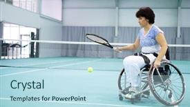  Presentation with paralympics - Beautiful presentation theme featuring paralympics - disabled mature woman on wheelchair backdrop and a light blue colored foreground