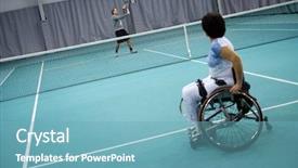  Presentation with paralympics - Colorful presentation theme enhanced with paralympics - disabled mature woman on wheelchair backdrop and a teal colored foreground