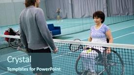  Presentation with paralympics - Slides having paralympics - disabled mature woman on wheelchair background and a ocean colored foreground