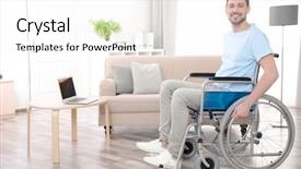  Presentation with special education young adult man - Cool new presentation design with paralyzed - young man in wheelchair indoors backdrop and a white colored foreground