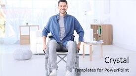  Presentation with wheelchair - Beautiful presentation design featuring paralyzed - young man in wheelchair indoors backdrop and a lemonade colored foreground