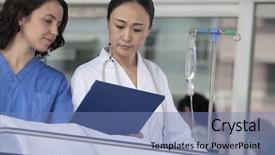  Presentation with paramedic - Audience pleasing theme consisting of paramedic and doctor looking down at medical record backdrop and a teal colored foreground