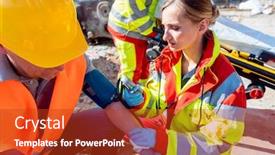  Presentation with construction accident - Audience pleasing PPT theme consisting of paramedic measuring blood pressure and talking to man after accident on construction site backdrop and a crimson colored foreground