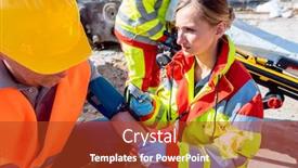  Presentation with construction accident - Amazing presentation having paramedic measuring blood pressure and talking to man after accident on construction site backdrop and a red colored foreground