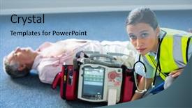  Presentation with paramedic - Beautiful presentation theme featuring desfibrilation - paramedic using an external defibrillator backdrop and a light blue colored foreground