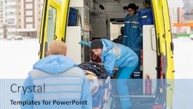  Presentation with ambulance - PPT layouts with paramedics-in-blue-workwear-getting background and a light blue colored foreground