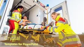 Presentation with ambulance - Colorful PPT theme enhanced with paramedics-in-uniform-putting-injured backdrop and a tawny brown colored foreground