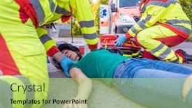  Presentation with accident - Colorful slides enhanced with paramedics-removing-helmet-of-injured backdrop and a yellow colored foreground