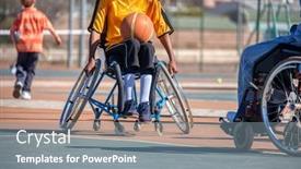  Presentation with basketball players - Beautiful PPT theme featuring paraplegic games basketball players chasing the ball in wheelchairs backdrop and a gray colored foreground