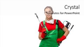 Presentation with pest control - Presentation design enhanced with parasitic disease - female pest control contractor isolated background and a  colored foreground