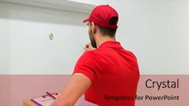  Presentation with man door - Beautiful PPT theme featuring parcel box knocking customers door backdrop and a crimson colored foreground