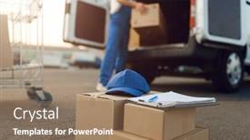  Presentation with boxes - Audience pleasing presentation design consisting of parcel-boxes-and-cap-deliveryman backdrop and a coral colored foreground