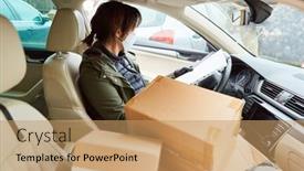  Presentation with face mask - PPT theme having parcel-deliverer-with-face-mask background and a coral colored foreground