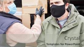  Presentation with deliver - PPT layouts consisting of parcel-deliverers-deliver-parcels background and a light gray colored foreground