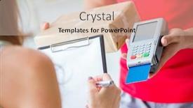  Presentation with pos - PPT layouts enhanced with parcel delivery being paid with pos and credit card background and a lemonade colored foreground