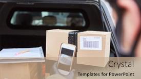  Presentation with barcode - Cool new PPT theme with parcel-delivery-man-scans-barcode backdrop and a coral colored foreground