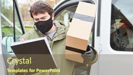  Presentation with covid - Slide set having parcel-delivery-man-with-face background and a violet colored foreground